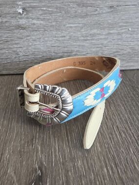 Vintage Nocona Leather Belt Blue Pink Cream Western SZ 24 Rodeo Stitching 90s